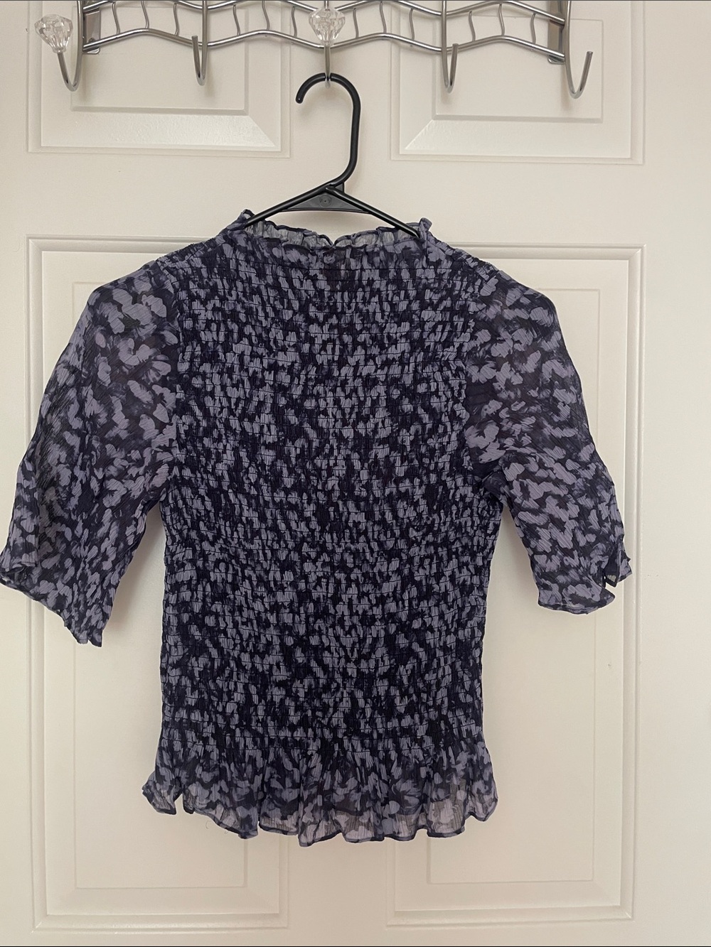Smocked Floral Sheer Blouse in Navy and Light Blue